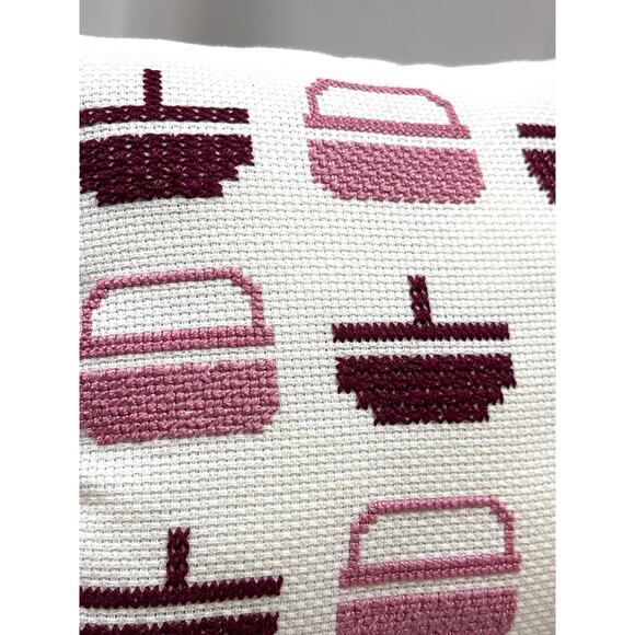 Vintage 90s Handmade Cross-Stitch Small Throw Pillow Basket Design Country Decor - Picture 3 of 6